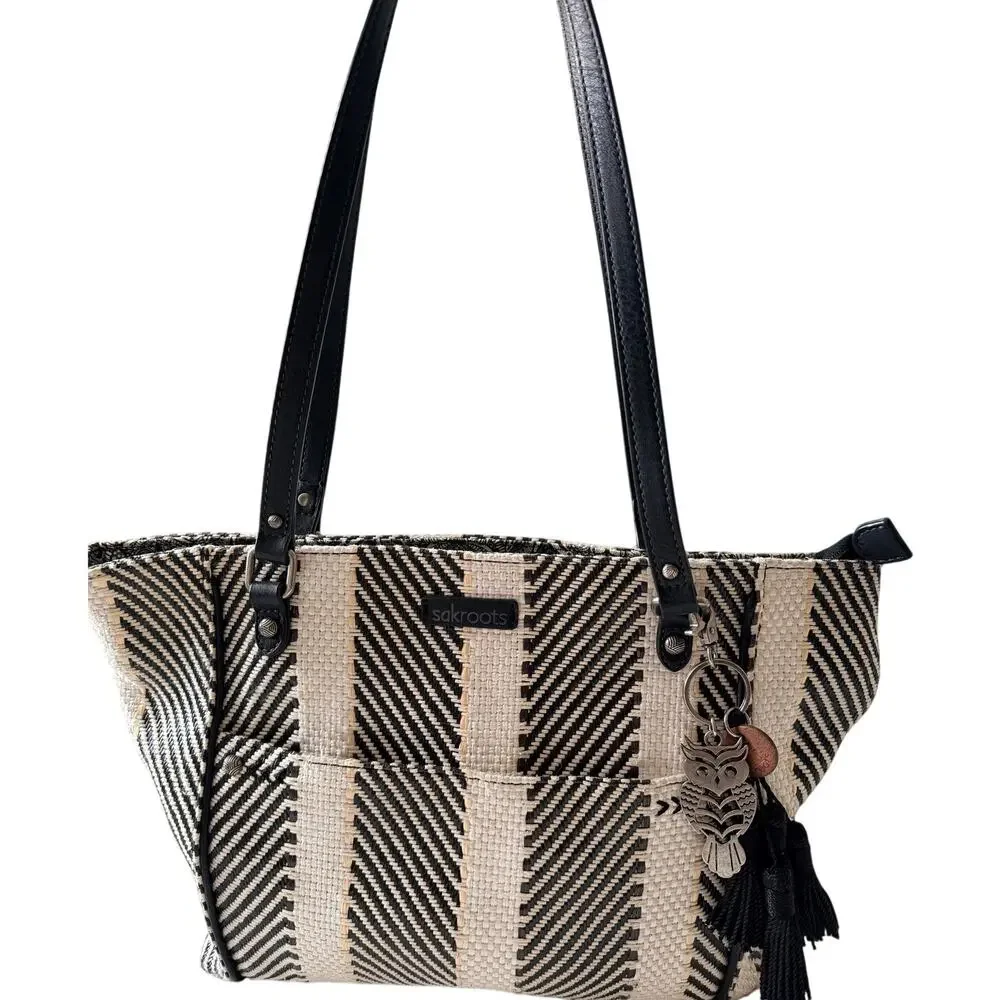Sakroots Metro Woven Tote Black White Soulful Desert Owl Charm Shoulder Bag